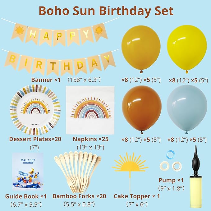 Sun Birthday Decorations – Sunshine Birthday Decorations Include Sun Rainbow Balloon Arch Kit, Pump, Cake Topper, Paper Plates, Napkins, Bamboo Forks, and Banner – Boho Party Decor, Serves 20 People