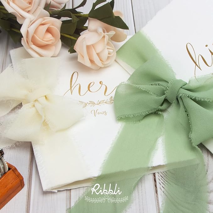 Ribbli Chiffon 1-1/2 inch x 20 Yard Handmade Fringe Cream Ivory Silk Ribbon for Wedding Invitations, Bridal Bouquets, Flower Arrangement Decoration