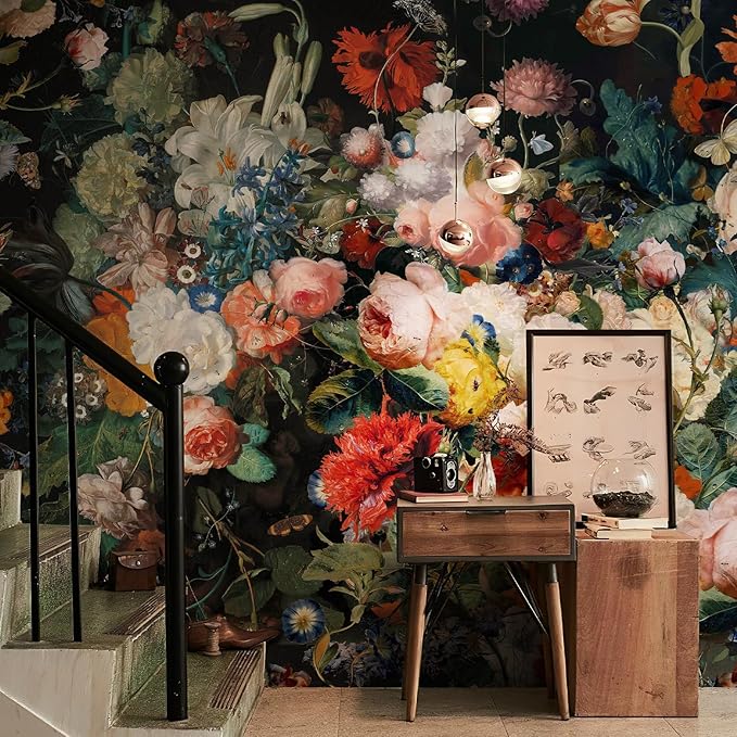 Zeeko Dark Floral Wallpaper Peel and Stick 148" W x 98" H Waterproof Canvas Fabric Vintage Moody Large Wall Mural Self Adhesive Removable Wall Paper for Bedroom Living Room Art Deco
