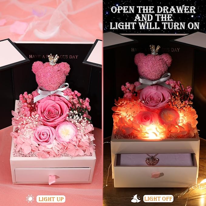 Gifts for Mom Grandma Christmas Birthday Preserved Flowers Roses with Heart Necklace Fresh Flowers for delivery Prime Eternal Forever Flower Box Xmas Gifts for Women Mother Her Wife from Daughter
