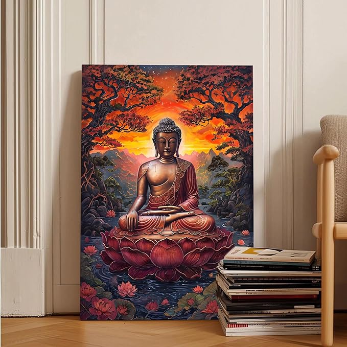Golden Buddha on lotus seat serene meditation statue amidst lush trees flowing water and sunrise light spiritual home art for a tranquil decor 8x12in Wood Framed