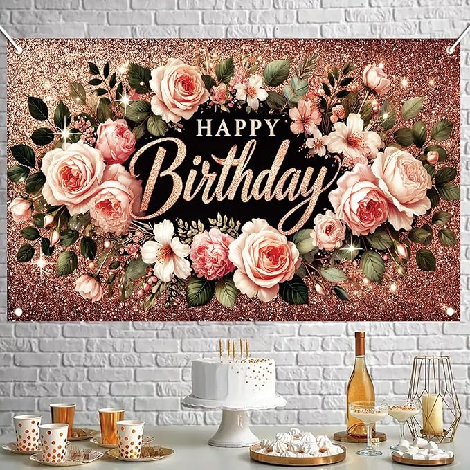 Happy Birthday Backdrop Banner Rose Gold Glitter Floral Photography Background for Women Girls Lady Wedding Baby Shower Birthday Supplies Photo Props Party Decorations Cake Table 6x4ft