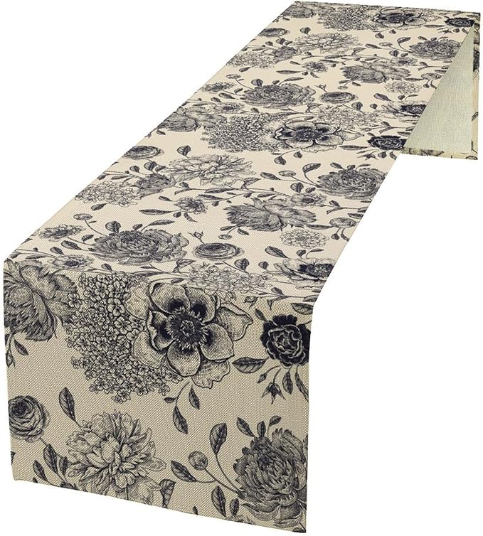 Black White Flower Table Runner,Vintage Wildflower Decor Table Runner for Home Kitchen Table Dining Indoor Outdoor Party Decor 13x120 Inch