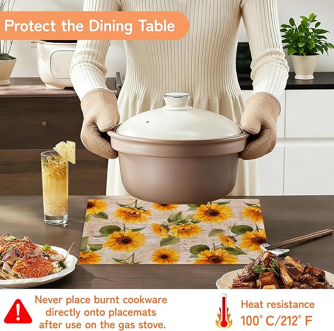 Vintage Sunflower Placemats Set of 6,Waterproof Heat Resistant Dining Table Plate Mat for Home Kitchen Dining Table 12x18Inch