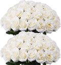 Artificial Rose Flower Ivory Flowers Ivory Roses White Roses Silk Flowers 50 pcs with Long Stem Silk Roses Bouquet for Wedding Bridal Shower Party Home Decoration
