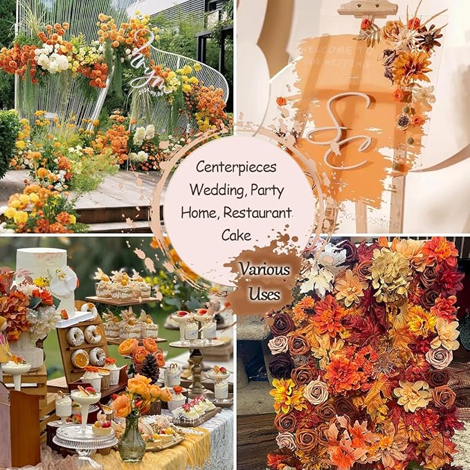 Artificial Flowers Combo Box Silk Burnt Orange Roses with Stems Sunset Terracotta DIY Bridal Wedding Bouquets Fall Boho Cake Fake Floral Arrangements Baby Shower Party Table Centerpieces Home Decor