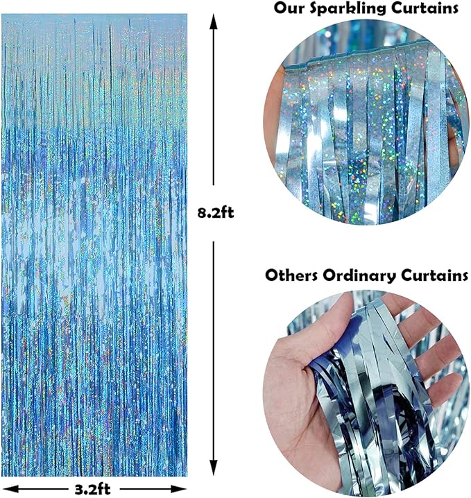 Melsan 2 Pack 3.2 ft x 8.2 ft Tinsel Foil Fringe Curtains Backdrop, Blue Sparkle Metallic Foil Curtains for Party Photo Booth Props Baby Shower Decoration, Light Blue