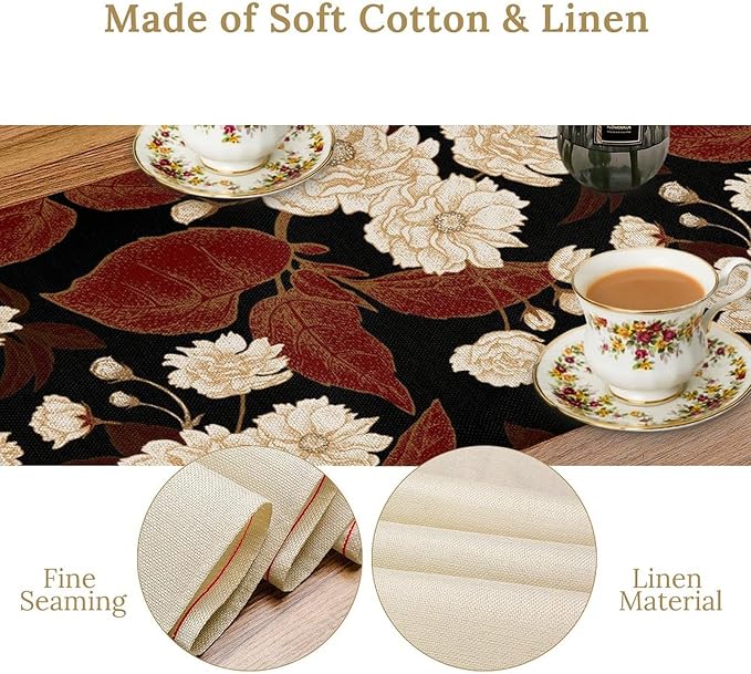 Red Gold Floral Table Runner, Boho Dark Flower Leaves Chinese Plum Blossoms Botanical Vintage White Gold Art Print Table Runner for Spring Holiday Decor, 13x120inch
