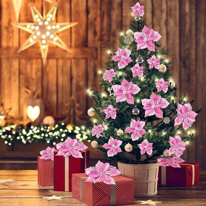 Boao 24 Pieces Christmas Artificial Glitter Poinsettia Flowers Xmas Flowers Wedding Christmas Tree New Year Ornaments (Pink)