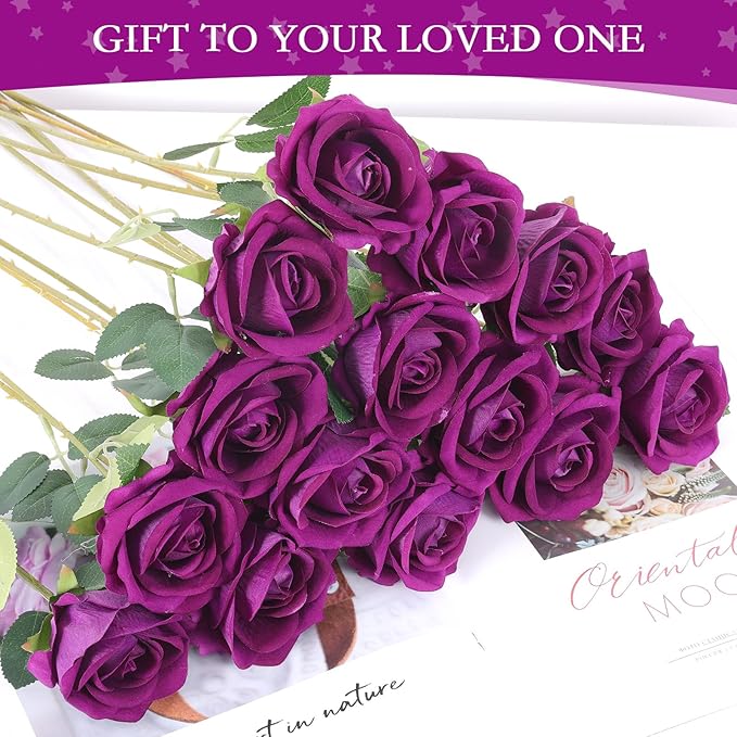 Hananona Artificial Roses in Bulk, Fake Silk Roses Realistic Roses for Wedding Centerpieces Flower Arrangement Home Decor (50, Purple)