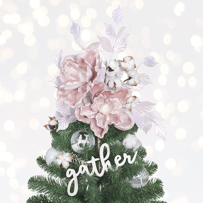 KI Store Pink Velvet Magnolia Flowers Pack of 6 Oversize Artificial Christmas Poinsettia Floral Picks Stems for Xmas Tree Wedding Centerpiece Decorations