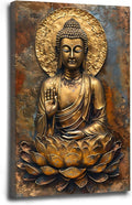 Buddha Wall Art Golden Buddha in Lotus Seat Serene spiritual statue radiant aura Meditation and mindfulness wall art suitable for sacred spaces 28x40in Wood Framed