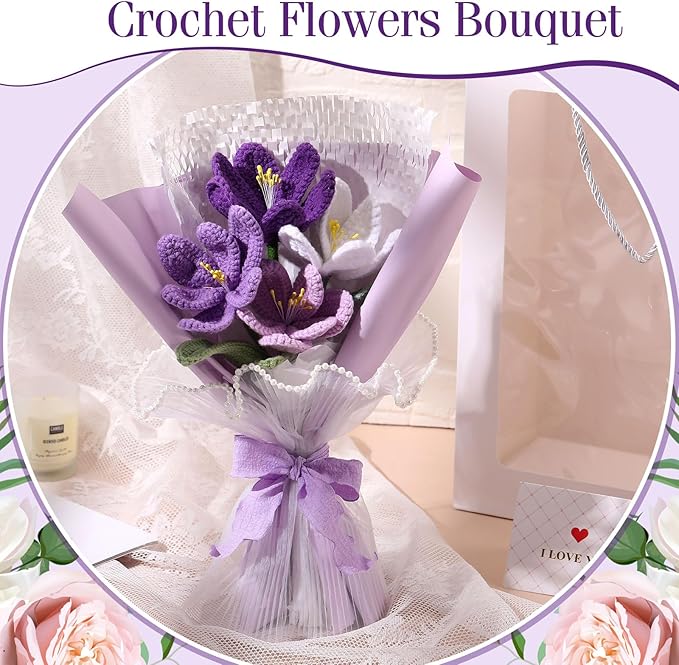 Crochet Flowers Bouquet Gift Christmas Crochet Flower Tulips Completed Handmade Knitted Bouquet with Card for Women Girlfriend Lover Appreciation Gift Birthday Wedding Teacher Decor(Purple)