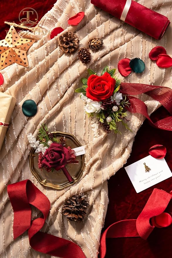 TINGE TIME Red Corsage and Boutonniere Set, Prom Flower Wrist Corsage Bracelets, Boutonniere for Men Wedding Flowers Accessories Prom Suit Decorations