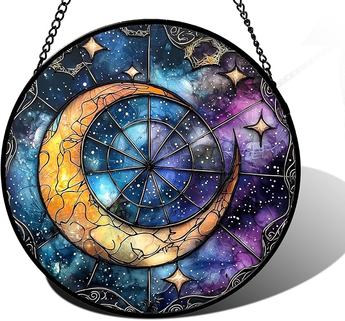 Stained Glass Window Hanging, Blue Starry Sky Moon Astrolabe Suncatcher for Doors Home Sun Catchers Decoration and Christmas, Mother's Day Birthday Gifts for Women, Men, and Mom 9.8 in