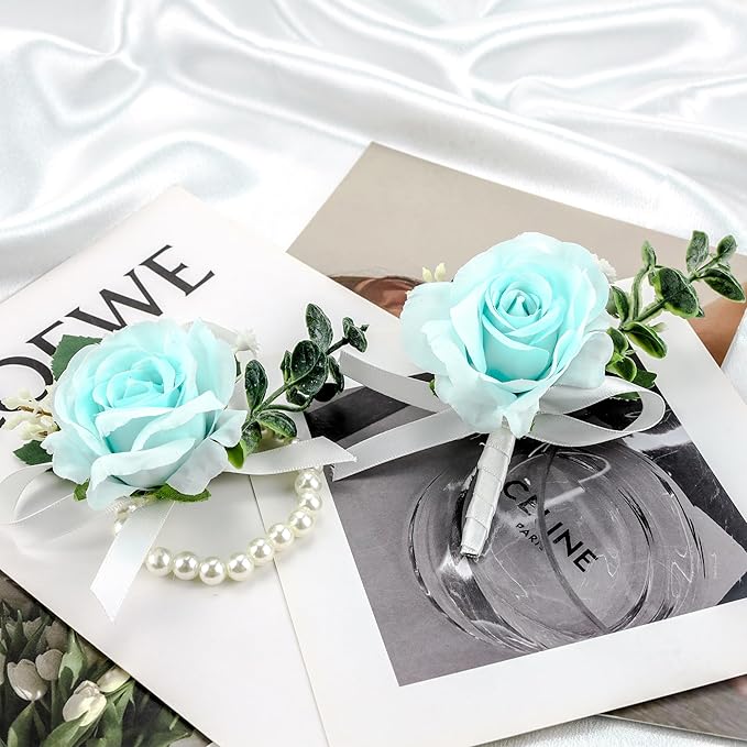 SITUMEIZI 2Pcs Blue Corsage and Boutonniere Set,Corsage Wristlet for Prom Decor,Boutonniere for Men Wedding Flowers Accessories Party Suit Decoration(Light Blue)