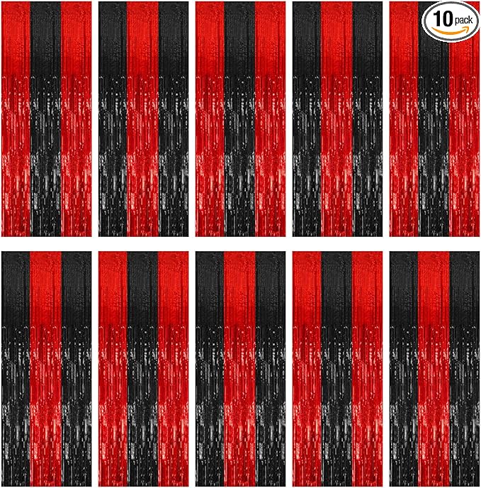 10 Pack Black and Red Party Backdrop Streamers Decorations Foil Fringe Curtains Metallic Tinsel Backdrop for Birthday Halloween Christmas New Year Fancy Ball Graduation Party Decor