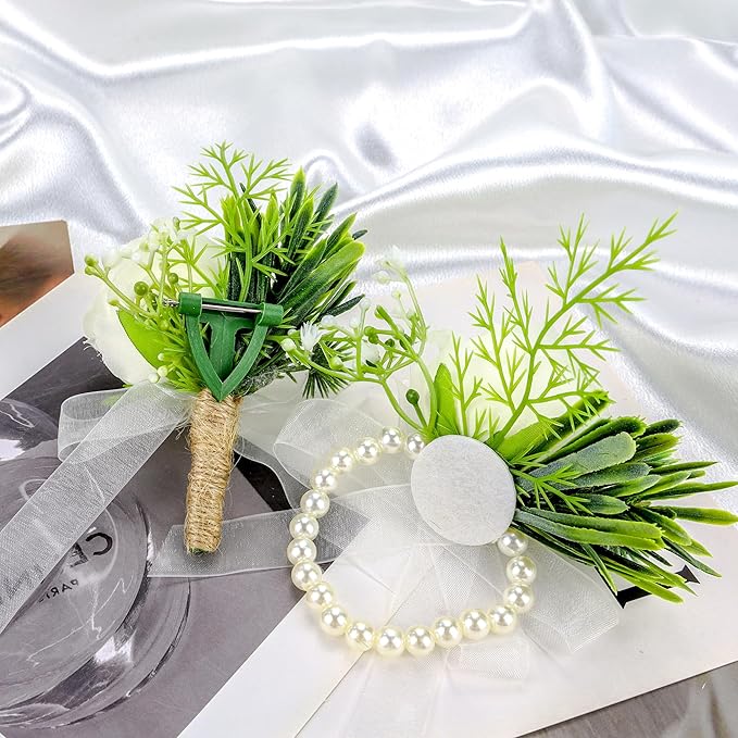 SITUMEIZI Ivory Rose Wrist Corsage and Boutonniere Set Corsage Wristlet Band Bracelet for Prom Decor Boutonniere for Men Wedding White Flowers Accessories Party Suit Decoration