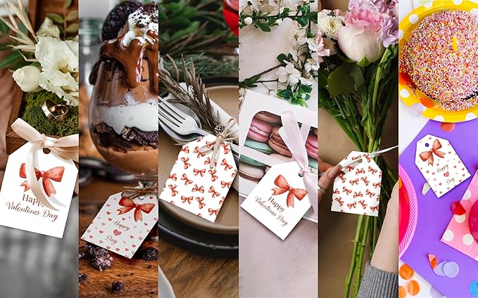 Pro Supply Global 24 Count of 2.5 Inch x 3 Inch Pre Strung Bows Valentine's Day Gift Tag Assorted Printed Designs on Large Cardstock Gift Hang Tags - Ideal to Use on Bags