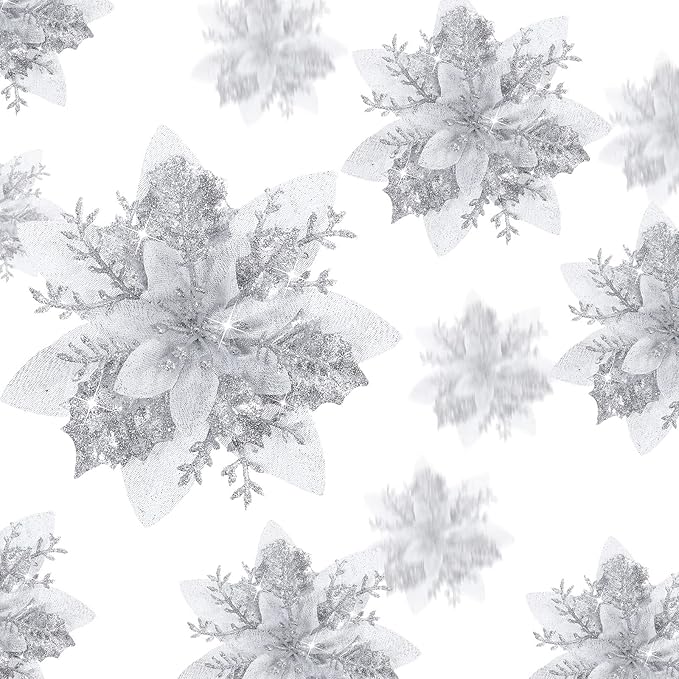 36 Pcs Christmas Glitter Artificial Poinsettia Flowers Xmas Poinsettia Artificial Wedding Flowers Decorations Xmas Tree Ornaments with Clips for Party, 6 Inch, 4 Inch, 3 Inch(Silver)