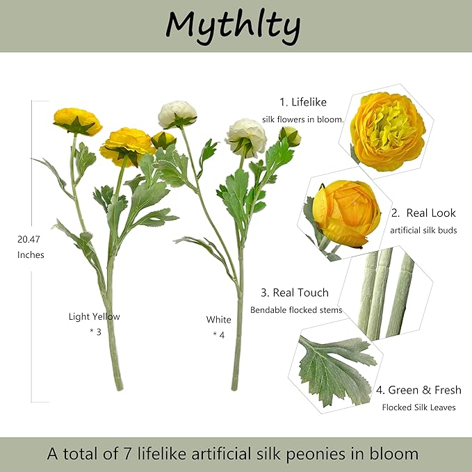 7 pcs White and Yellow Peony Artificial Flowers with Stems for Vase, Fake Peonies Silk Flowers Arrangement for Home Office Farmhouse Indoor, Kitchen Dining Table Centerpiece Decorations
