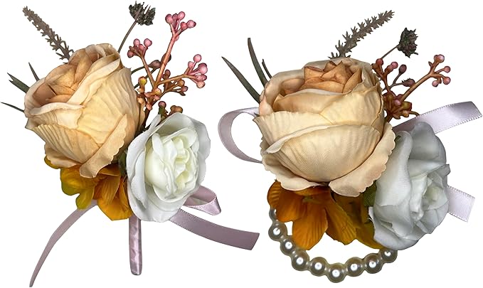 Corsage and Boutonniere Set Corsage Wistlet Burnt Orange Corsage Wrist Artificial Flower Perfert for Proms | Weddings for Bride,Bridesmaids, Groom,Groomsmen Decor (Burnt Orange)