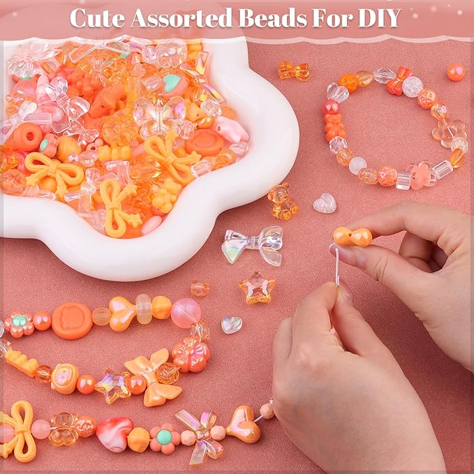 Assorted 200-260PCS Orange Acrylic Beads for Bracelet Making, Flower Bow Candy GummyBear Bracelet Charms,Cute Beads for Jewelry Making DIY Necklace Keychain Phone Charm Christmas Gift