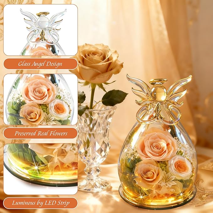 Preserved Rose Christmas Gifts for Women, Forever Flower in Glass Fresh Flowers for Delivery, Real Rose Angel Figurine Decor for Mom, Grandma, Mother’s Day, Valentine’s Day, Birthday, Xmas Gift