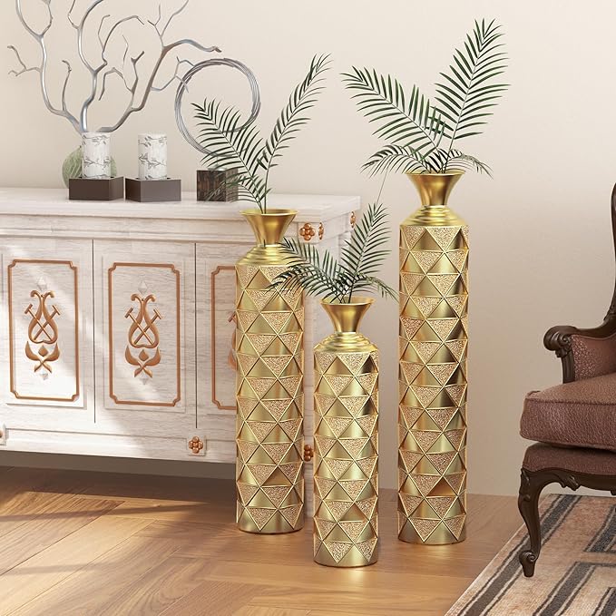 Floor Vases, Tall Home Decor Metal Vase Set of 3 Large Glazed Decorative Vases for Wedding Decor, Elegant Modern Flower Holder for Living Room, Entryway, Hallway, Dining Room