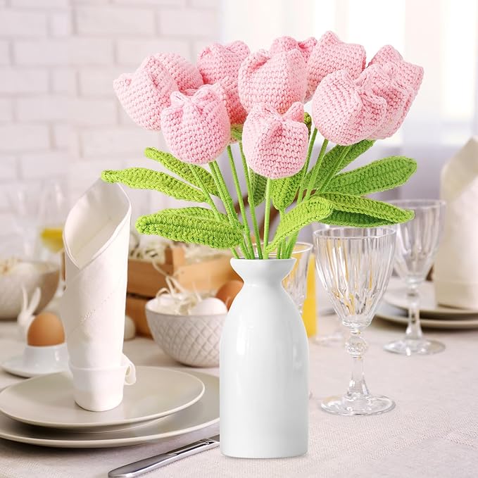 YoungJoy 12 Pcs Crochet Rose Handmade Knitted Flowers Tulip Sunflower Daisy Heart Artificial Knitted Floral Mother Day Graduation Home Decor(Cute Pink Tulip)