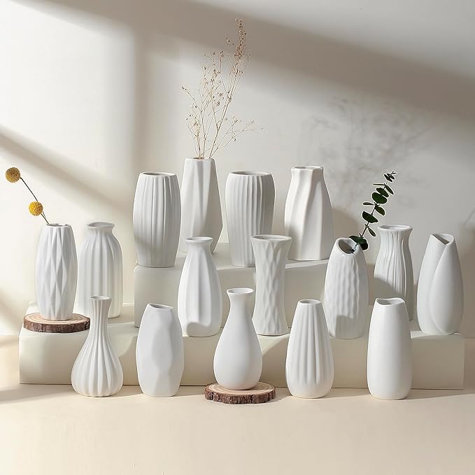 Set of 16 White Bud Vases for Flowers, Japandi Small Vases in Bulk for Centerpieces, Boho Mini Vases for Wedding Decorations, Living Room and Bedroom Decor, Arts and Crafts for Gifts