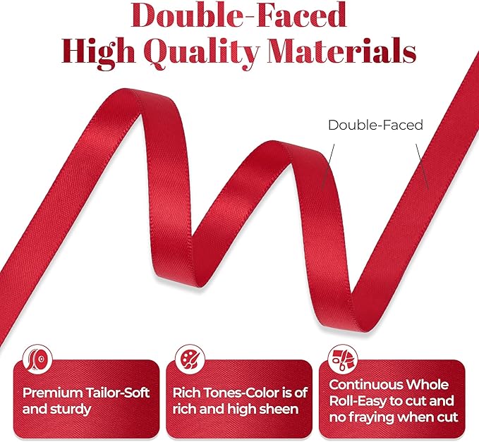 Red Satin Ribbon, Double Faced 3/8 Inch X 50 Yards Red Ribbon, Premium Satin Ribbon for Gift Wrapping, Crafts, Hair Bow Making, Sewing, Flower Bouquet, Wedding Party Decor