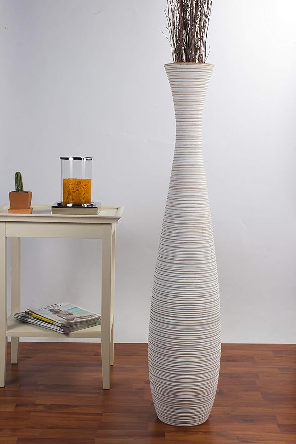 Leewadee Large White Home Decor Floor Vase - Wooden 41 inch Tall Farmhouse Decor Flower Holder for Fake Plant and Pampas Grass