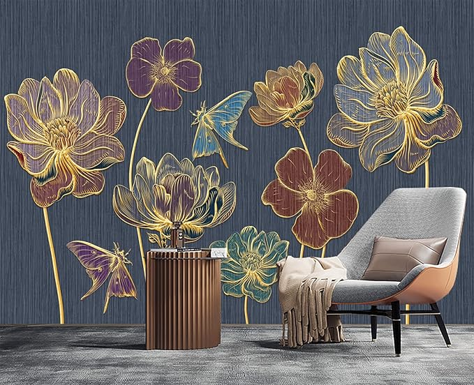 Embossed Golden Flower 3D Wall Mural Wallpaper for Bedroom 178" x 117"