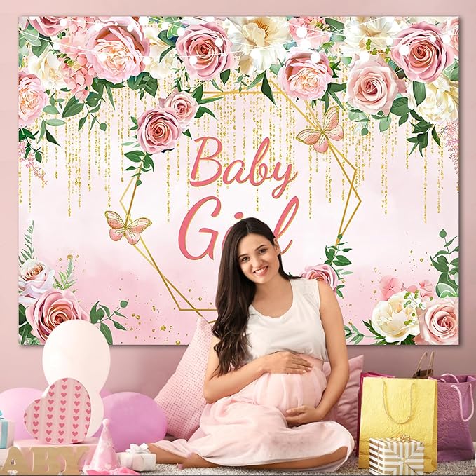 Pink Floral Baby Girl Baby Shower Backdrop Banner Party Decorations,Blush Rose Flower Its Girl Backdrops Banner Photography Background for Princess Baby Shower Party Photo Booth Supplies 7x5ft