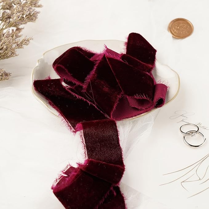 Burgundy Velvet Ribbon 1.5 Inch Maroon Frayed Silk Velvet Ribbon Burgundy Christmas Velvet for Gift, Raw Edge Boho Stylel for Wedding Invitation Bridal Bouquet -3yards