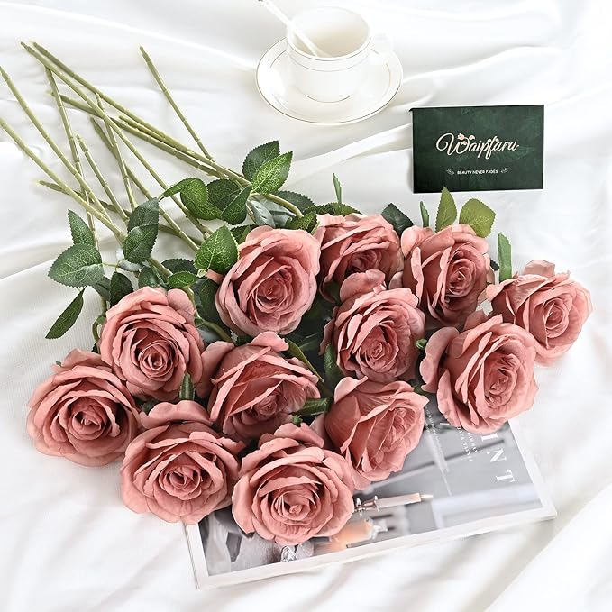 Waipfaru 16 Pcs Artificial Flowers Fake Silk Dusty Roses, Faux Real Touch Roses Bouquet with Long Stem for Wedding Party Home Decor (Dusty Rose)