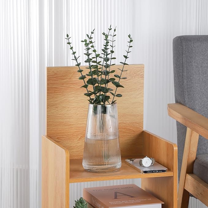 8" High Clear Glass Vase for Flower, Flower Vase for Bouquet, Ribbed Vases, Modern Glass Vase for Living Room, Bedroom, Dinning Table, Wedding, Centerpiece (Clear, 4.3"x8")
