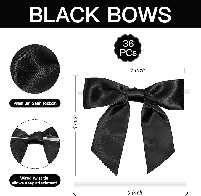 Black Satin Ribbon Twist Tie Bows 5 Inch Pre-Tied Black Gift Bows for Crafts, Treat Bags, Party Favors, Wedding, Baby Shower, Candy Apple, Christmas (36 Pack)