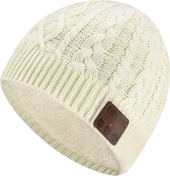 Wireless Beanie Hat for Men Women Wireless Headset Headphones Music Audio Boys Girls Winter Cap with Speaker Mic Hands Free Outdoor Sport Stereo Earphone Earpieces Warm White