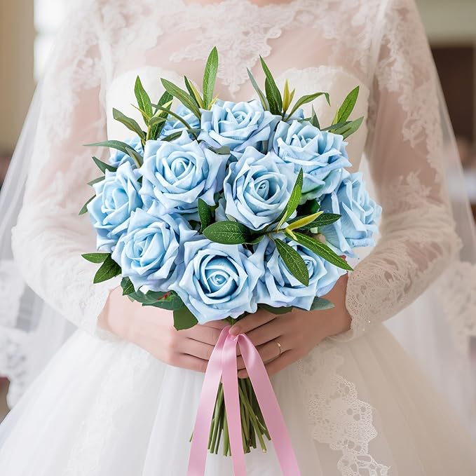 Fake Roses Faux Flowers Silk Roses 12PCS Artificial Roses with Stems Realistic Artificial Flowers Suitable for Indoor Home Decoration Diy Bouquet Wedding Decor Party Decoration （Blue）16.5“
