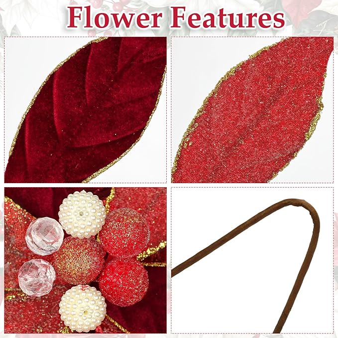 DILATATA 3 Pcs Artificial Christmas Flowers 13 Inch Glitter Poinsettia Picks Christmas Tree Ornaments Topper Decorations Red Poinsettias Flowers for Xmas New Year Wreath Garland Wedding Home Decor