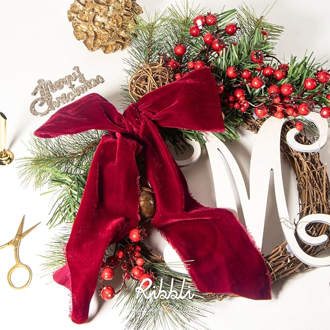 Ribbli Burgundy Velvet Ribbon 3 Inch Handmade Frayed Vintage Christmas Ribbon for Gift Wrapping Christmas Tree Ornament Wreath Craft Home Decor -3 Yards