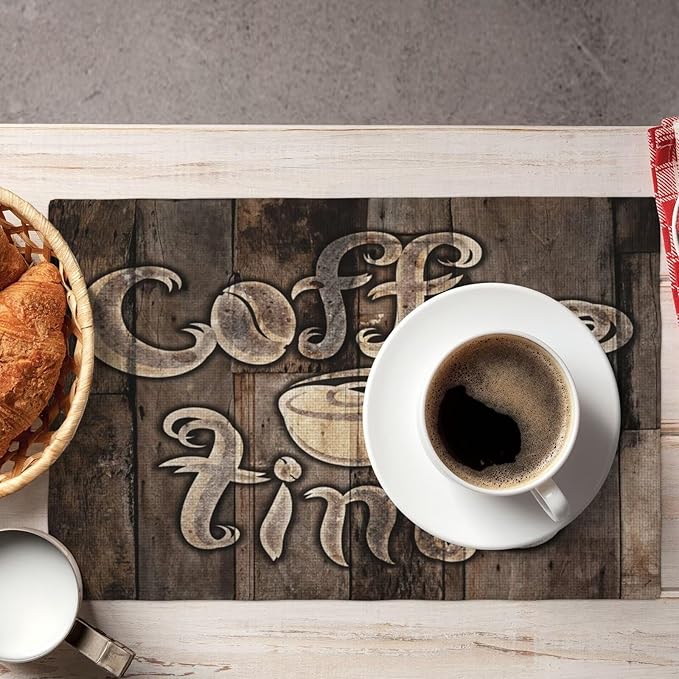 Coffee Linen Table Placemats Set of 6 Coffee Cup Vintage Wooden Print Placemat Indoor Outdoor Party Home Desktop Kitchen Dining Room Decoration 12x18 Inch