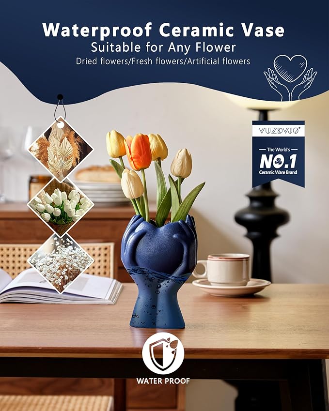 8" Heart Hand Navy Blue Ceramic Vase - Unique Modern Aesthetic Flowers Vase for Living Room Bedroom Office Kitchen Table Centerpiece or Shelf Decor-Gifts for Wedding Bridal Shower Women Mom (Blue)