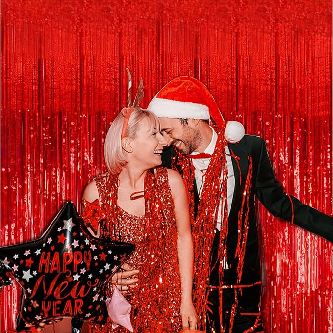 20 Pack Red Streamers Party Backdrop Christmas Decorations Foil Fringe Backdrop Curtains Carnival Casino Theme Birthday New Year Holiday Celebration Bachelorette Party Decorations Supplies