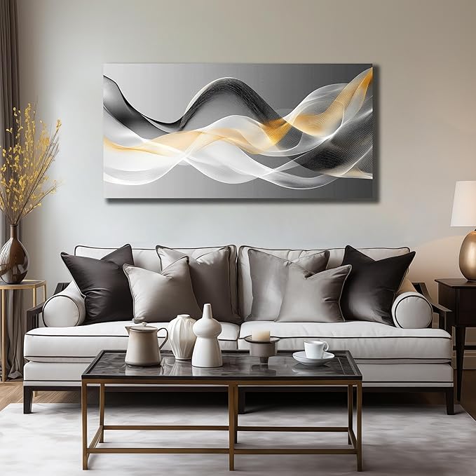 JuhaiArt Abstract Wall Decor Art Gold Canvas Modern Black Picture White Art for Bedroom Office Decoration 24" x 48"