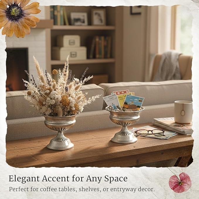 WORTH Small Urn Vases for Centerpieces Set of 2, Classic Metal Trumpet Flower Pots for Table, Bowl Vase for Wedding Party Event Home Deco (Silver, 7.8" Dia x 6.1" H)