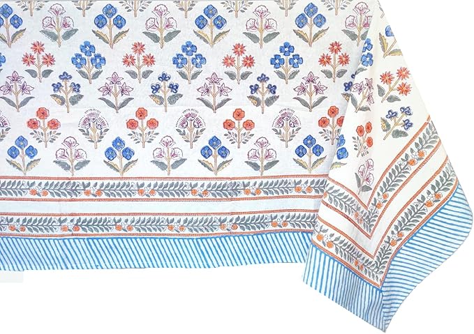 ATOSII Flora Bloom 100% Cotton Rectangle Boho Fall Tablecloth, Handblock Floral Table Cloth Linen for Kitchen Dining I Parties Wedding Outdoors Christmas Thanksgiving I 72 X 120 Inches I 10 Seater