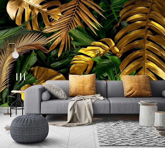 WFBHUA-Green and Gold Palm Leaf Wallpaper Peel and Stick Tropical Jungle Self Adhesive Wall Mural for Living Room Bedroom 82"x57"